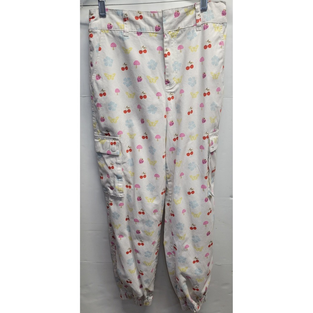 Forever 21 White Cherry Mushroom Butterfly Print Cargo Jogger Pants Womens Med
